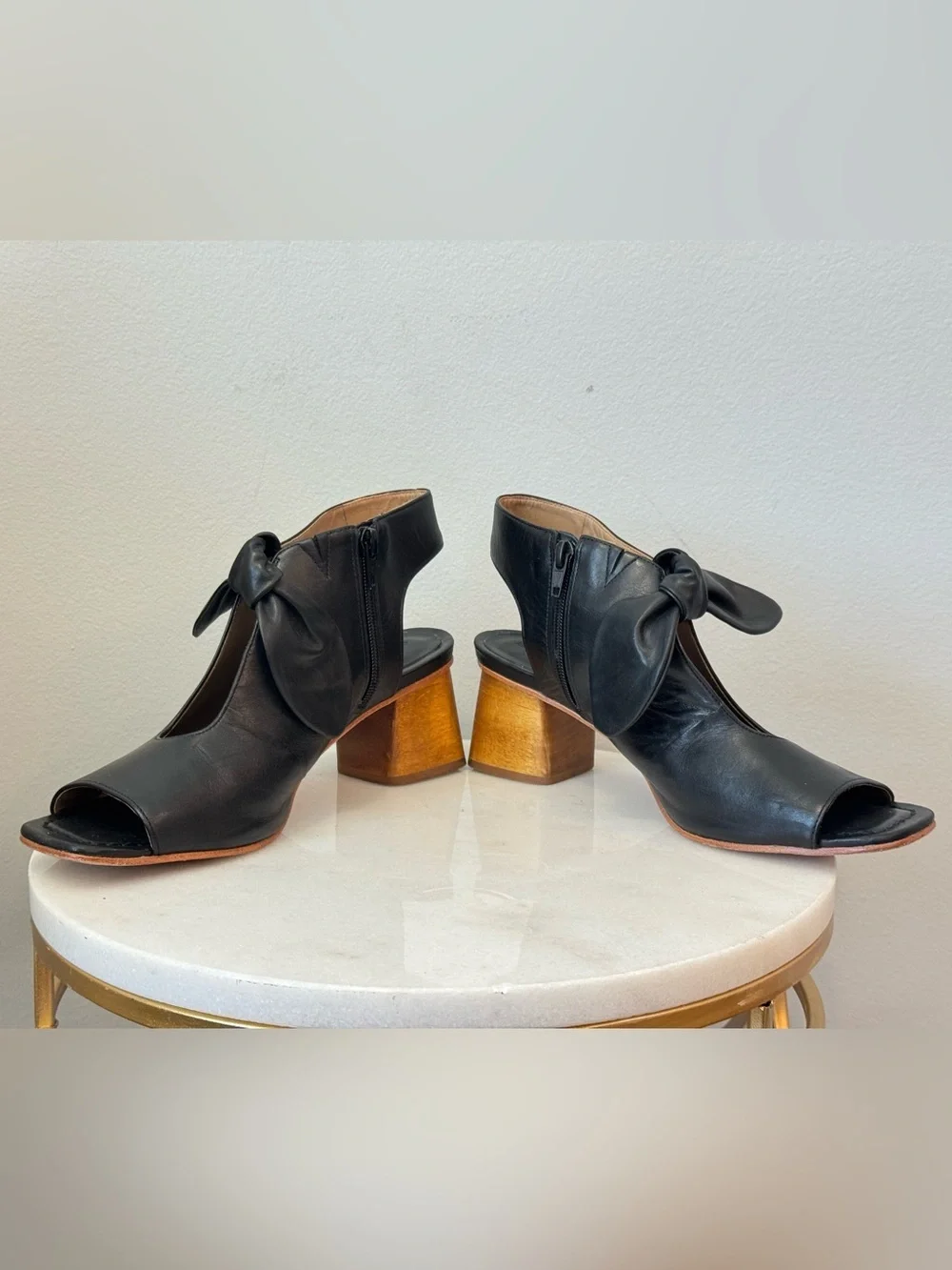 Bernardo Black Leather Open-Toe Knot Block Heel Sandals